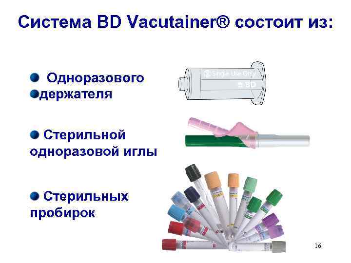 Система BD Vacutainer® состоит из: Одноразового держателя Стерильной одноразовой иглы Стерильных пробирок 16 