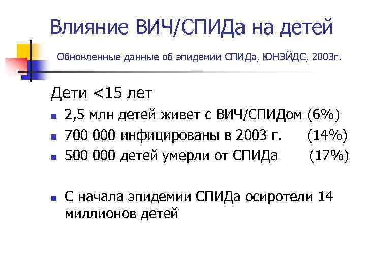 Влияние ВИЧ/СПИДа на детей Обновленные данные об эпидемии СПИДа, ЮНЭЙДС, 2003 г. Дети <15