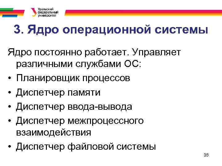 3. Ядро операционной системы Ядро постоянно работает. Управляет различными службами ОС: • Планировщик процессов