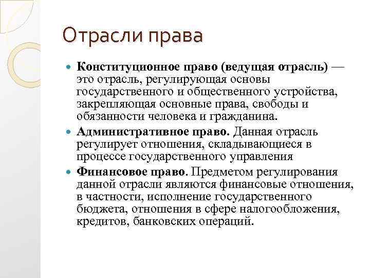Отрасли права Конституционное право (ведущая отрасль) — это отрасль, регулирующая основы государственного и общественного
