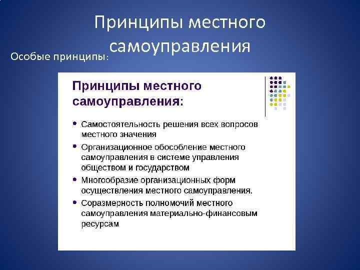 Принципы местного самоуправления Особые принципы: 