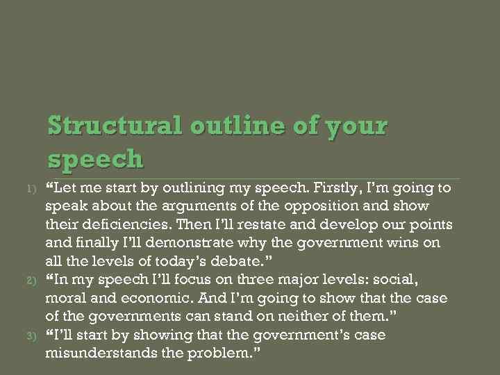 Structural outline of your speech 1) 2) 3) “Let me start by outlining my
