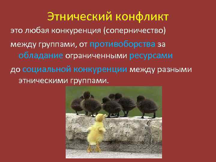 Этнический конфликт это любая конкуренция (соперничество) между группами, от противоборства за обладание ограниченными ресурсами
