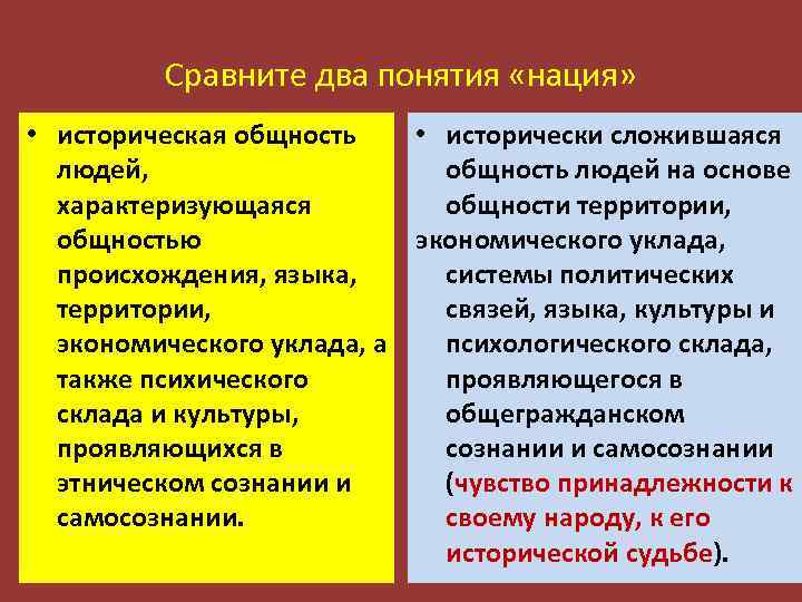 Сравните два понятия «нация» • историческая общность • исторически сложившаяся людей, общность людей на