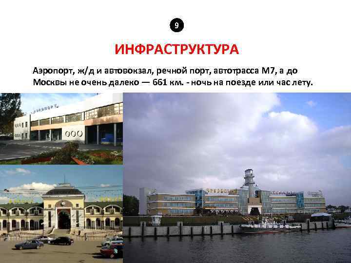 9 ИНФРАСТРУКТУРА Аэропорт, ж/д и автовокзал, речной порт, автотрасса М 7, а до Москвы