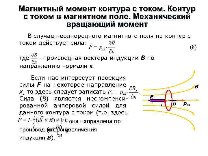 Рамка с током с магнитным дипольным моментом направление которого указано на рисунке