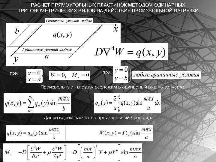 РАСЧЕТ ПРЯМОУГОЛЬНЫХ ПЛАСТИНОК МЕТОДОМ ОДИНАРНЫХ ТРИГОНОМЕТРИЧЕСКИХ РЯДОВ НА ДЕЙСТВИЕ ПРОИЗВОЛЬНОЙ НАГРУЗКИ Математическая модель при
