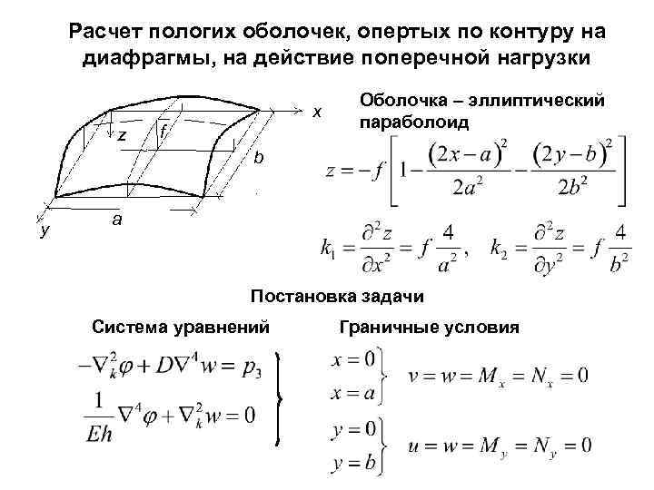 Расчет пологих оболочек, опертых по контуру на диафрагмы, на действие поперечной нагрузки x z