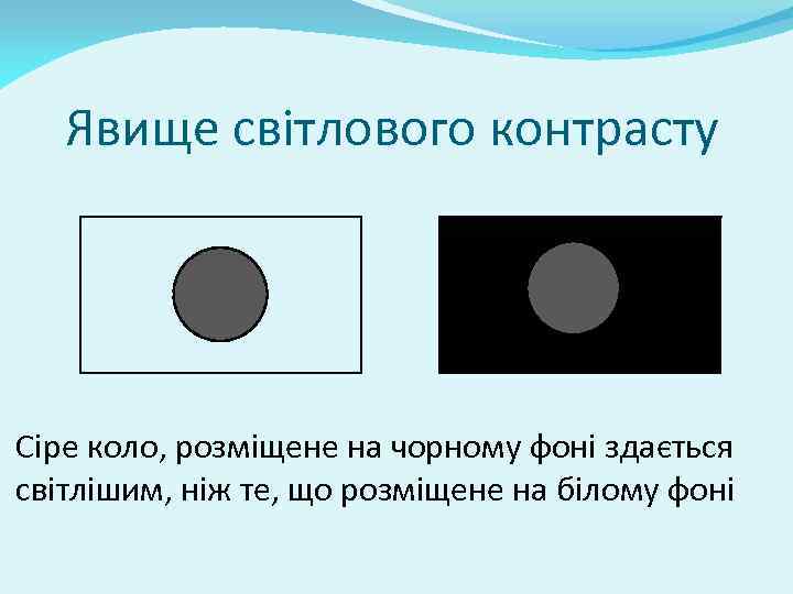 Явище світлового контрасту Сіре коло, розміщене на чорному фоні здається світлішим, ніж те, що