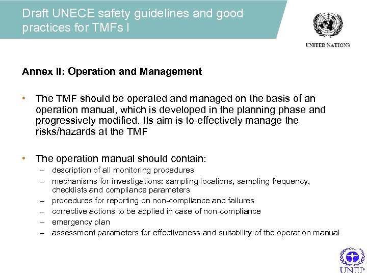 Draft UNECE safety guidelines and good practices for TMFs I Annex II: Operation and