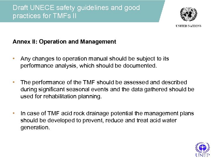 Draft UNECE safety guidelines and good practices for TMFs II Annex II: Operation and