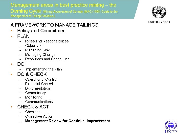 Management areas in best practice mining – the Deming Cycle (Mining Association of Canada