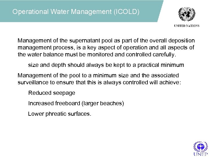 Operational Water Management (ICOLD) Management of the supernatant pool as part of the overall