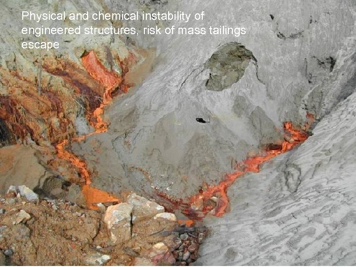 Physical and chemical instability of engineered structures, risk of mass tailings escape 