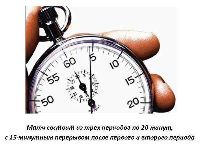 Матч состоит из трех периодов по 20 -минут, с 15 -минутным перерывом после первого