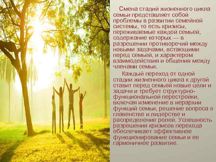  Смена стадий жизненного цикла семьи представляет собой проблемы в развитии семейной системы, то