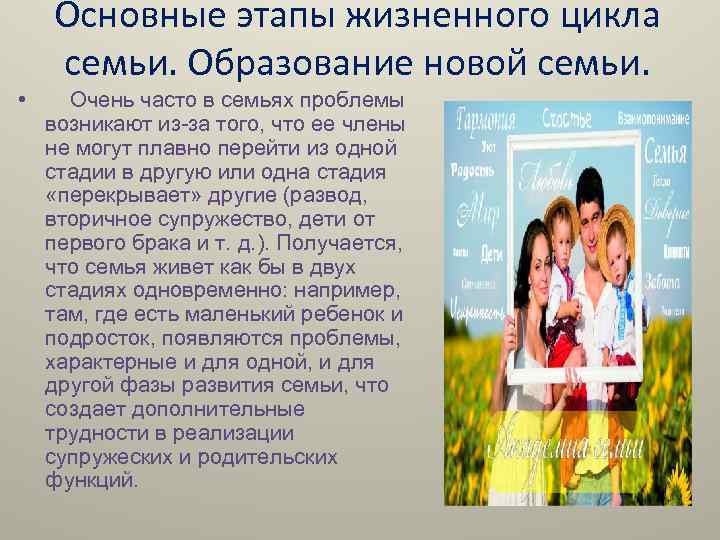 Основные этапы жизненного цикла семьи. Образование новой семьи. • Очень часто в семьях проблемы