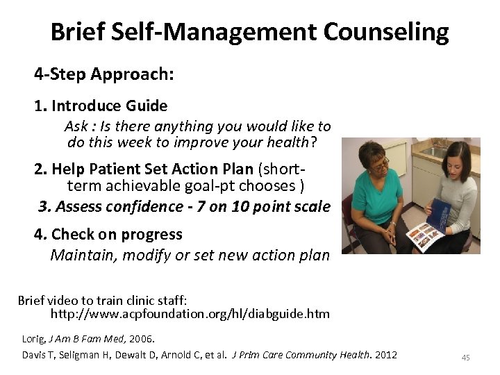 Brief Self-Management Counseling 4 -Step Approach: 1. Introduce Guide Ask : Is there anything