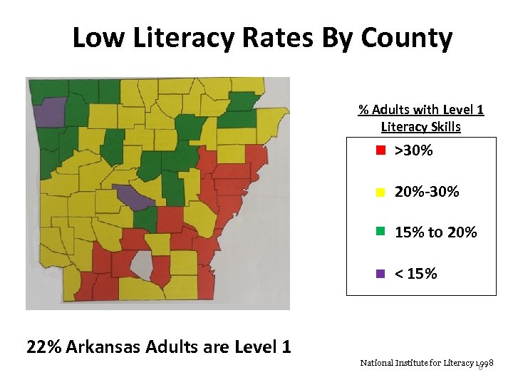 Low Literacy Rates By County % Adults with Level 1 Literacy Skills >30% 20%-30%