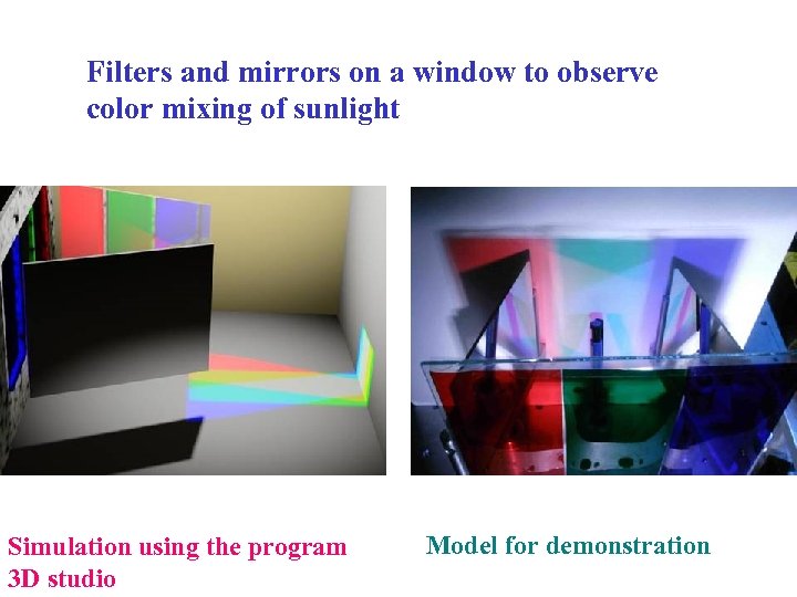 Filters and mirrors on a window to observe color mixing of sunlight Simulation using