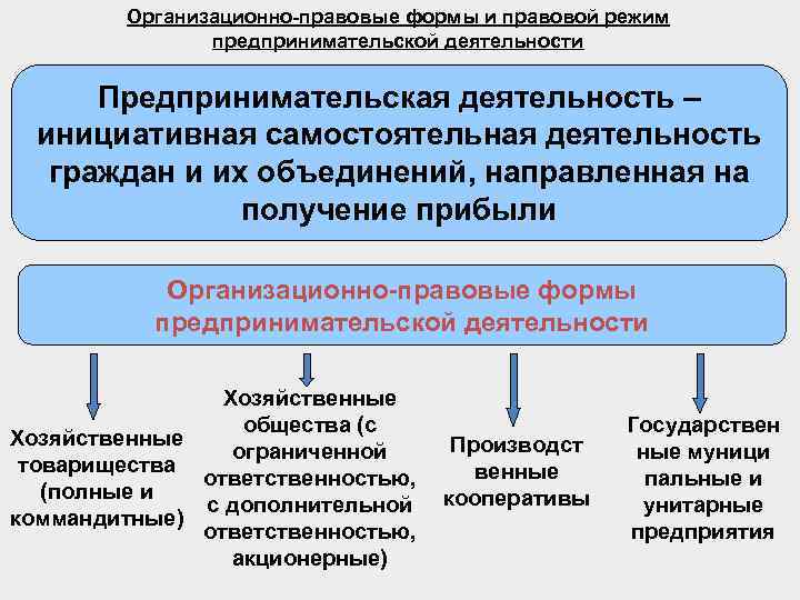 Организационно-правовые формы и правовой режим предпринимательской деятельности Предпринимательская деятельность – инициативная самостоятельная деятельность граждан