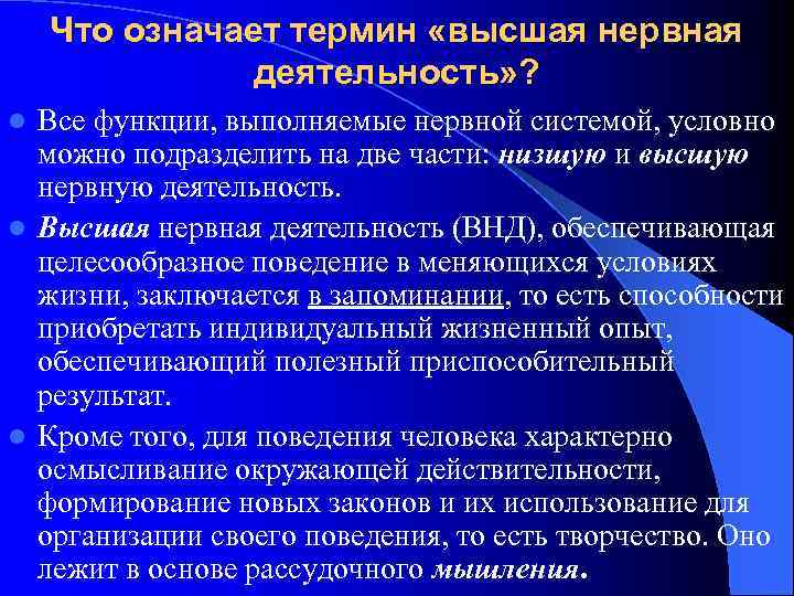 Что означает термин «высшая нервная деятельность» ? Все функции, выполняемые нервной системой, условно можно