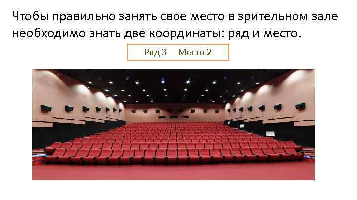 Чтобы правильно занять свое место в зрительном зале необходимо знать две координаты: ряд и