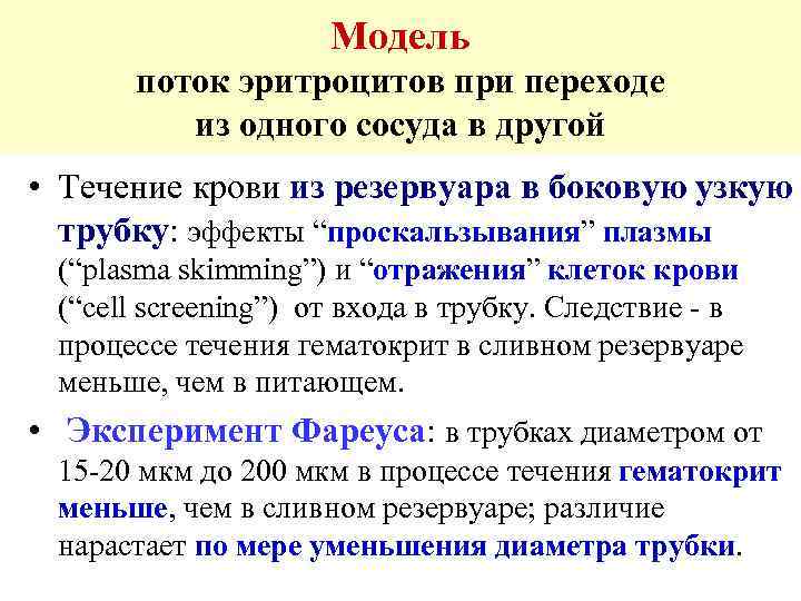Модель поток эритроцитов при переходе из одного сосуда в другой • Течение крови из
