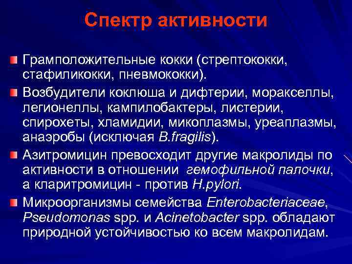 Спектр активности Грамположительные кокки (стрептококки, стафиликокки, пневмококки). Возбудители коклюша и дифтерии, моракселлы, легионеллы, кампилобактеры,