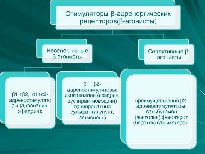 Стимуляторы β-адренергических рецепторов( -агонисты) Неселективные β-агонисты β 1 +β 2, α 1+α 2 адреностимулято