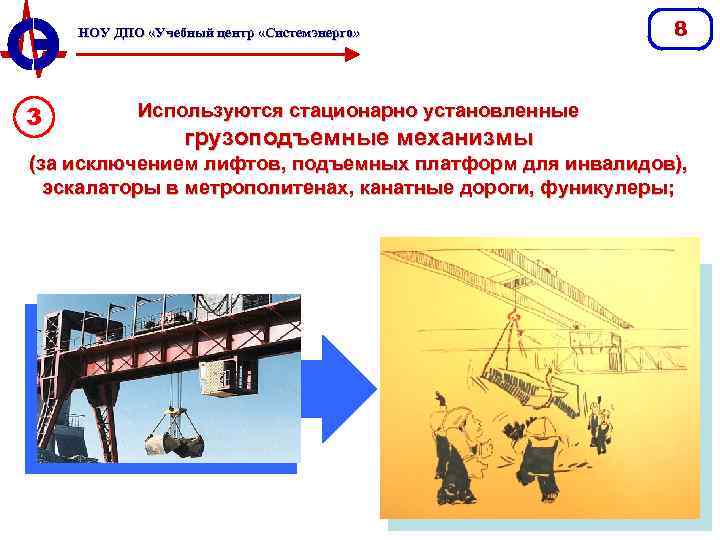 НОУ ДПО «Учебный центр «Системэнерго» 3 8 Используются стационарно установленные грузоподъемные механизмы (за исключением