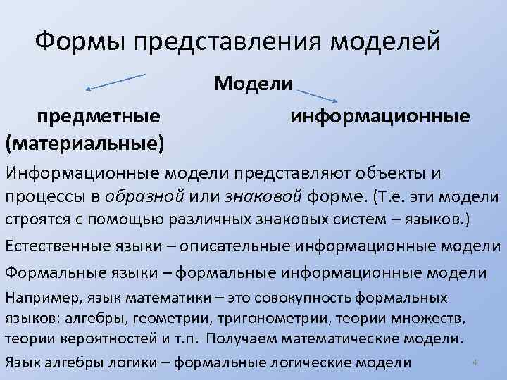 Формы представления моделей предметные (материальные) Модели информационные Информационные модели представляют объекты и процессы в