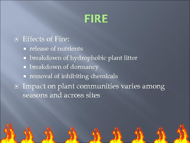 FIRE Effects of Fire: release of nutrients breakdown of hydrophobic plant litter breakdown of