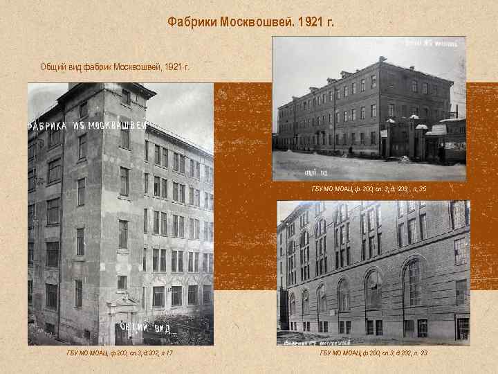 Фабрики Москвошвей. 1921 г. Общий вид фабрик Москвошвей, 1921 г. ГБУ МО МОАЦ, ф.