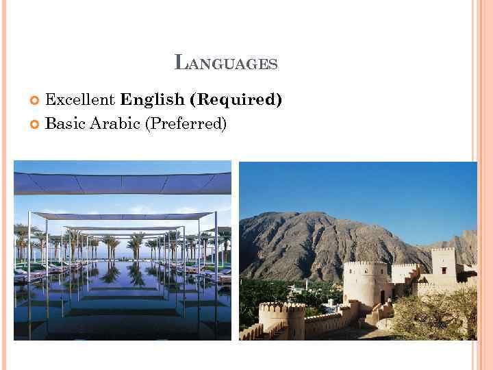 LANGUAGES Excellent English (Required) Basic Arabic (Preferred) 