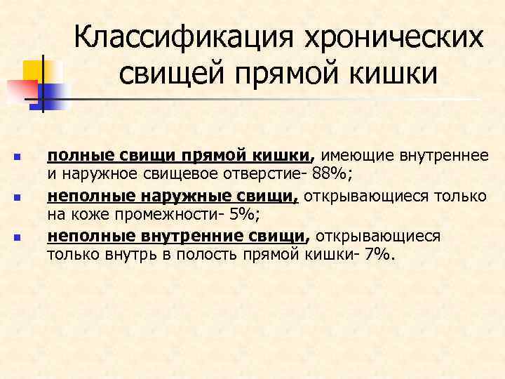 Классификация хронических свищей прямой кишки n n n полные свищи прямой кишки, имеющие внутреннее