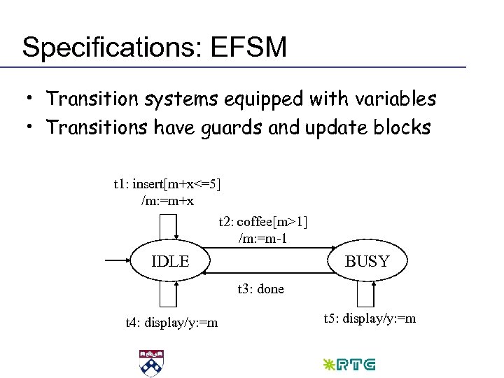 Specifications: EFSM • Transition systems equipped with variables • Transitions have guards and update