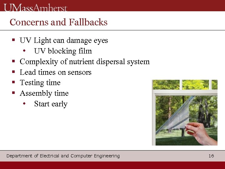 Concerns and Fallbacks UV Light can damage eyes • UV blocking film Complexity of