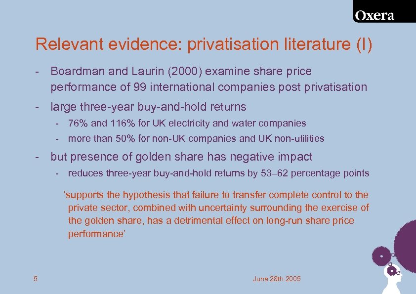 Relevant evidence: privatisation literature (I) - Boardman and Laurin (2000) examine share price performance