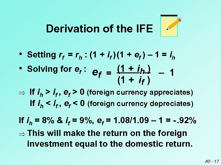 Derivation of the IFE • Setting rf = rh : (1 + if )