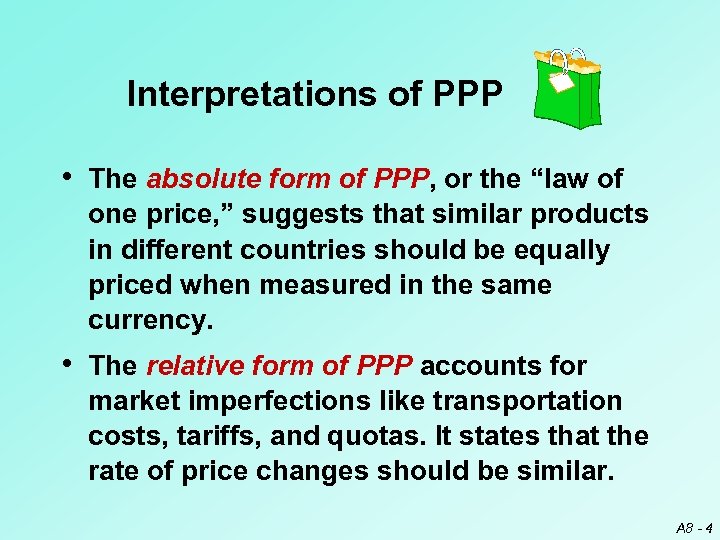 Interpretations of PPP • The absolute form of PPP, or the “law of one