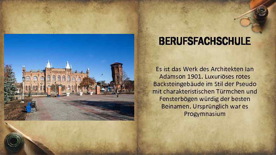 BERUFSFACHSCHULE Es ist das Werk des Architekten Ian Adamson 1901. Luxuriöses rotes Backsteingebäude im