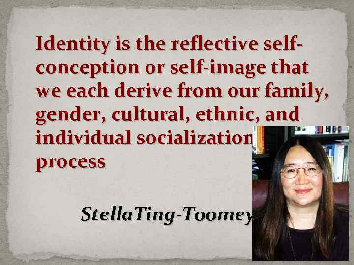 Identity is the reflective selfconception or self-image that we each derive from our family,
