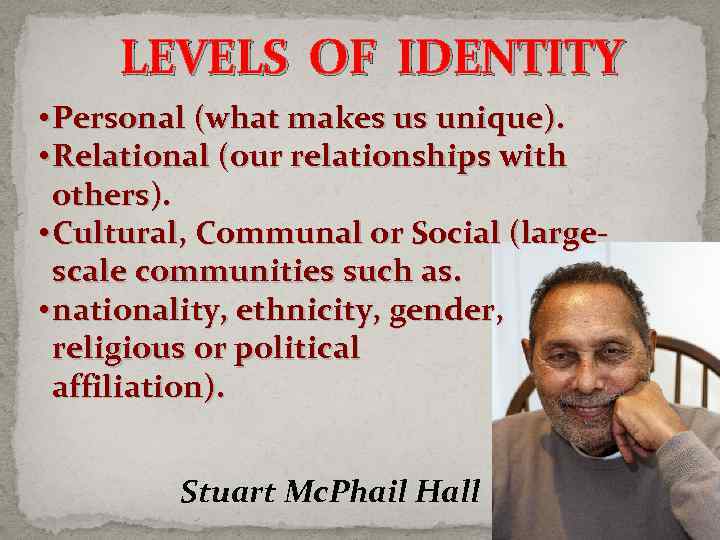 LEVELS OF IDENTITY • Personal (what makes us unique). • Relational (our relationships with
