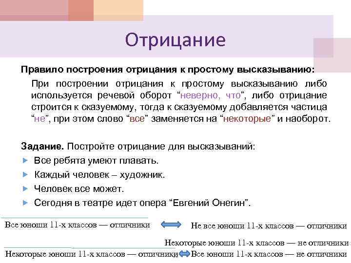 Отрицание Правило построения отрицания к простому высказыванию: При построении отрицания к простому высказыванию либо