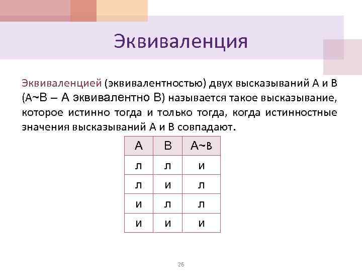 Эквиваленция Эквиваленцией (эквивалентностью) двух высказываний А и В (А~В – А эквивалентно В) называется