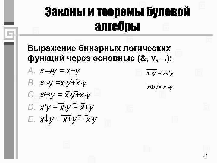 Законы и теоремы булевой алгебры Выражение бинарных логических функций через основные (&, V, ):