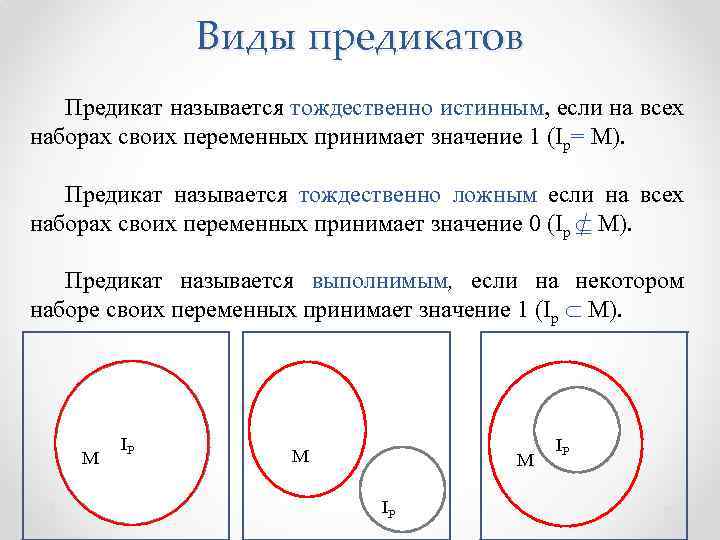 Виды предикатов Предикат называется тождественно истинным, если на всех наборах своих переменных принимает значение