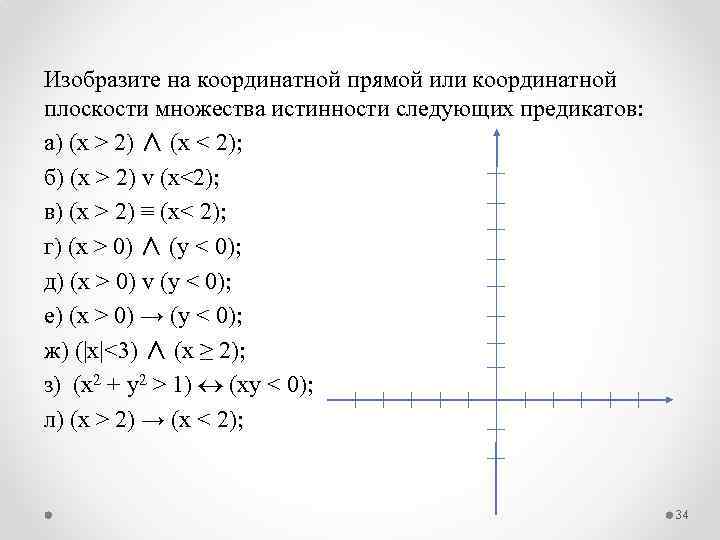 Изобразите на координатной прямой или координатной плоскости множества истинности следующих предикатов: а) (х >