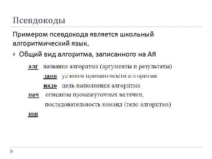 Псевдокоды Примером псевдокода является школьный алгоритмический язык. Общий вид алгоритма, записанного на АЯ 